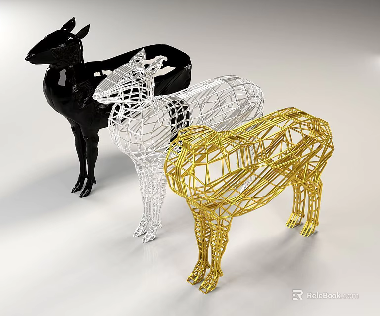 Three Colorful Metal Wire Animal Sculptures in Black White and Gold for Decor 3d model 