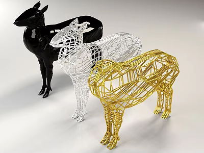 Three Colorful Metal Wire Animal Sculptures in Black White and Gold for Decor 3d model