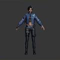 Woman in Blue Jacket and Cropped Top with Utility Belt Dark Pants on Minimalist Background