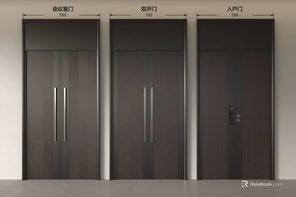 Modern Wooden Double Door With Vertical Stripe And Metal Handle For Living Room 3d model 