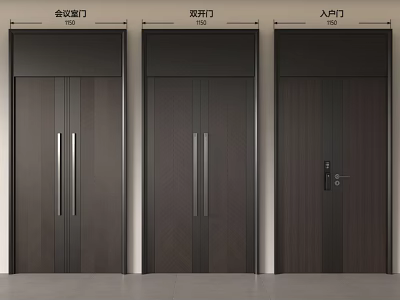 Modern Wooden Double Door With Vertical Stripe And Metal Handle For Living Room 3d model