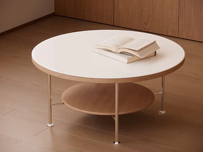 Round White Top Coffee Table With Wooden Lower Shelf And Metal Legs 3d model