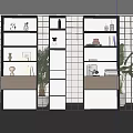Modern Interior Glass Partition Shelving Unit with Decorative Figurines Books and Potted Plant