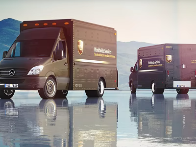 Two Dark Brown FedEx Trucks Parked On Reflective Wet Ground With Mountain Sky 3d model