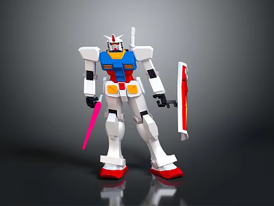 White Blue Red Robot Model Holding Pink Sword And Red White Shield On Dark Background 3d model