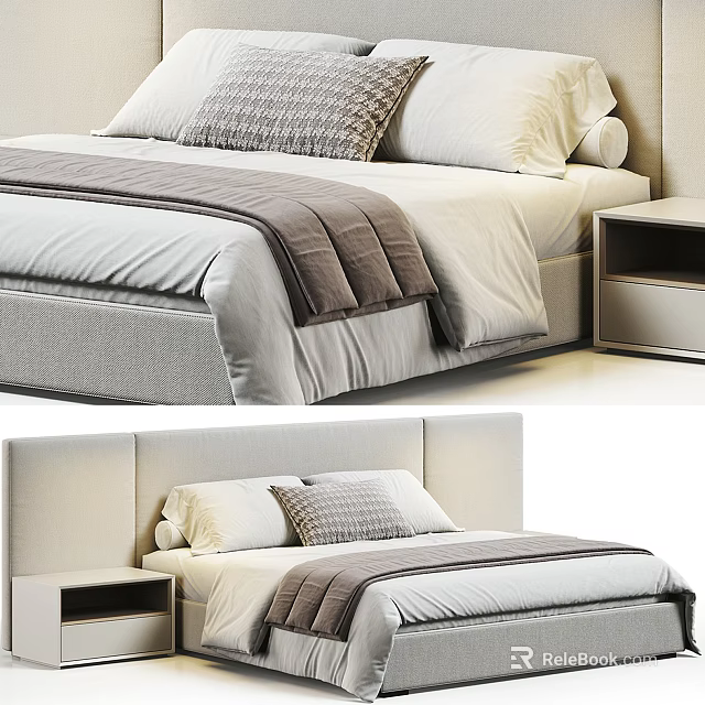 Modern Double Bed with Light Grey Headboard White Pillows Grey Blanket and Bedside Table 3d model