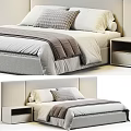 Modern Double Bed with Light Grey Headboard White Pillows Grey Blanket and Bedside Table