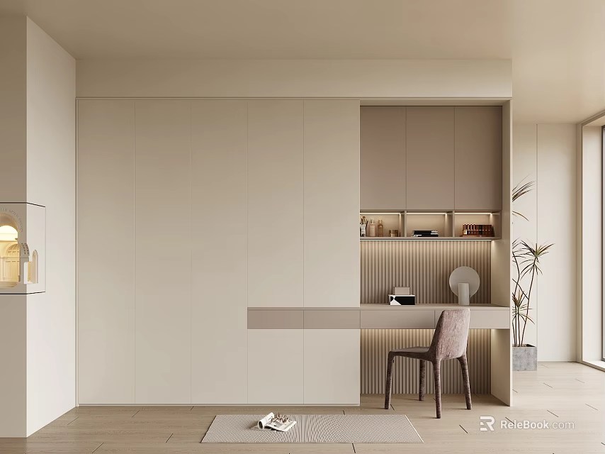 Modern Built in Wardrobe Interior With Console Table Chair And Soft Lighting 3d model