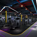 Modern Fitness Gym Interior With Wooden Floor Circular Ceiling Lights And Large Windows