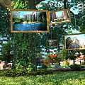 Garden Landscape With Vines Covered Tree Photo Frames Buildings Water Features And Flowers