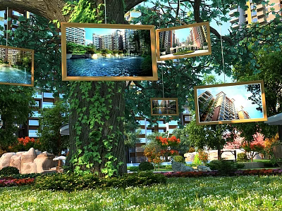 Garden Landscape With Vines Covered Tree Photo Frames Buildings Water Features And Flowers 3d model