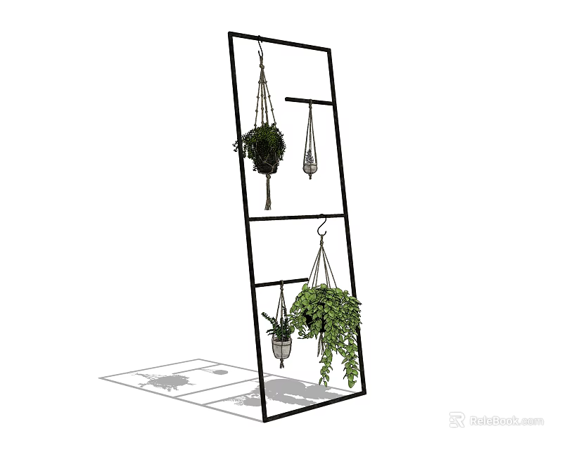 Black Multi Tiered Plant Stand With Hanging Basket Plants And Trailing Greenery 3d model 