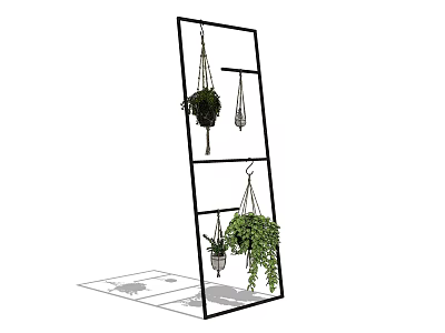Black Multi Tiered Plant Stand With Hanging Basket Plants And Trailing Greenery 3d model