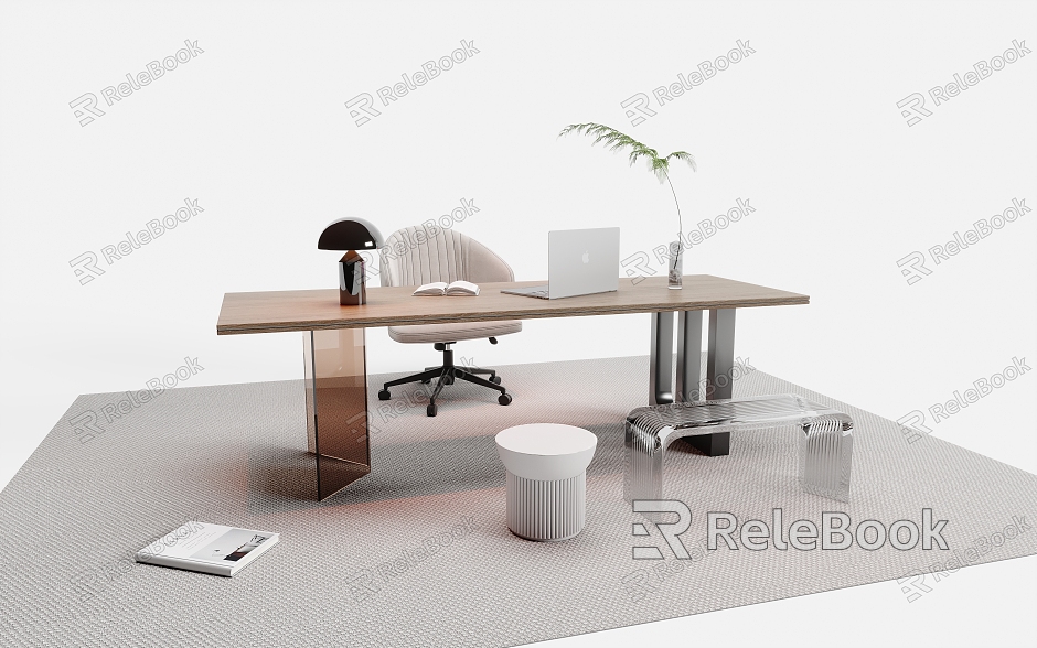 Modern Desk and Chair Combination Finished Desk Office Chair Desk Lamp Laptop Carpet Green Plant model