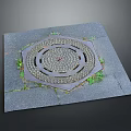 Octagonal Metal Manhole Cover on Gray Concrete Pavement with Grass Growing in Cracks