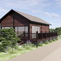 Wooden Gabled Roof Cabin With Large Windows Purple Flowers And Wooden Deck