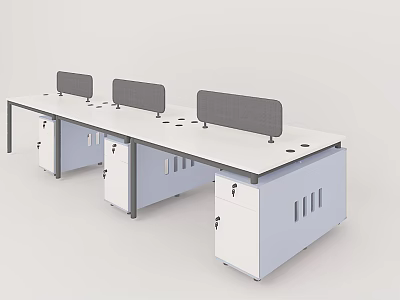 Modern Office Desk With Three Grey Dividers White Tabletop And Cabinets 3d model
