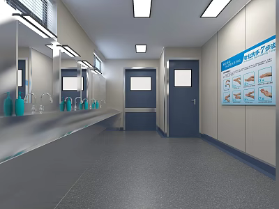 Medical Hand Washing Station With Stainless Steel Sink Counter Multiple Faucets Mirrors And Steps Poster 3d model