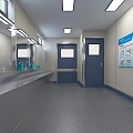 Medical Hand Washing Station With Stainless Steel Sink Counter Multiple Faucets Mirrors And Steps Poster