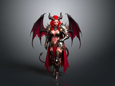 Fantasy Demoness Character With Red Horns Red Wings Armor And Red Hair 3d model