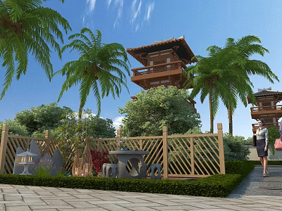 Japanese Style Tower In Garden Landscape With Palm Trees Wooden Fence And Greenery 3d model