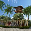 Japanese Style Tower In Garden Landscape With Palm Trees Wooden Fence And Greenery