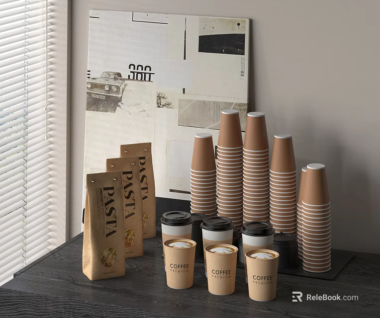 Stylish Coffee Cups And Pastry Paper Bags With Stacked Disposable Cups 3d model 