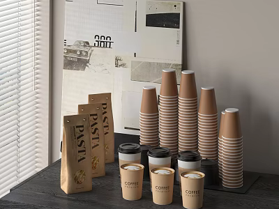 Stylish Coffee Cups And Pastry Paper Bags With Stacked Disposable Cups 3d model