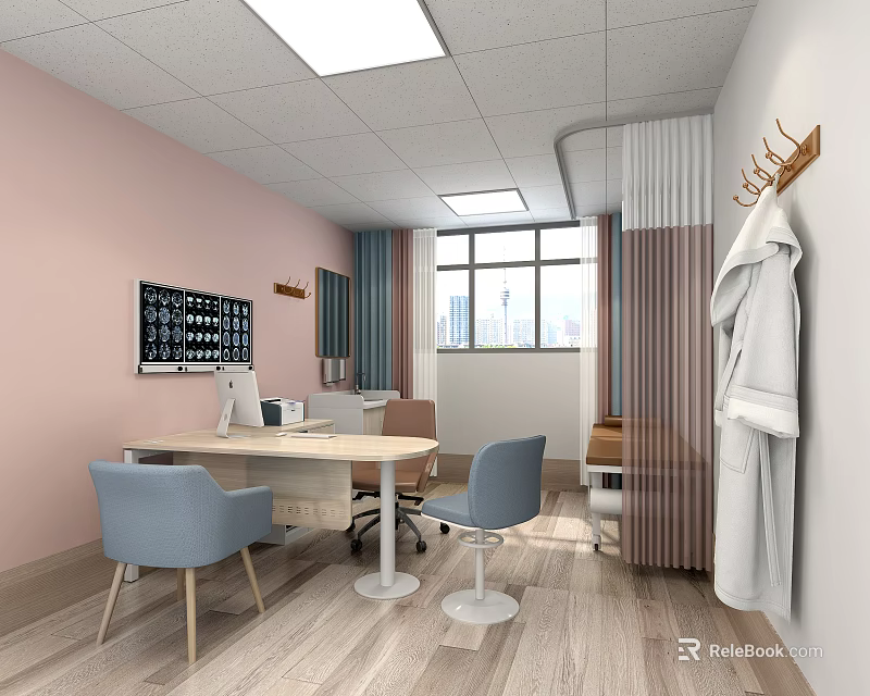 Doctor's Office Interior With Pink Walls Light Blue Chairs Desk Computer And White Coat 3d model 