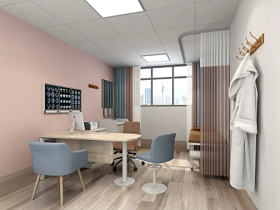 Doctor's Office Interior With Pink Walls Light Blue Chairs Desk Computer And White Coat 3d model