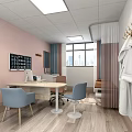 Doctor's Office Interior With Pink Walls Light Blue Chairs Desk Computer And White Coat