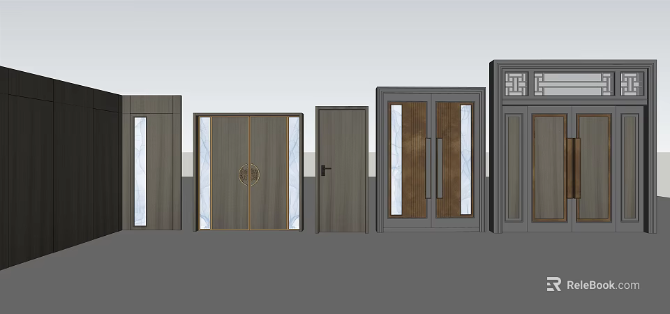 Chinese Style Wooden Double Doors With Circular Decorative Elements And Panel Design 3d model
