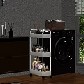 White Storage Shelf with Toiletries and Laundry Supplies in Laundry Room Near Washer