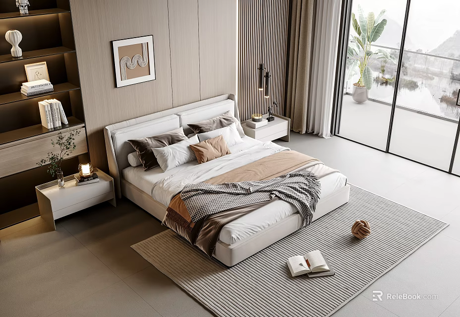 Double Bed With Modern Nightstands Table Lamps Decorative Painting And Floor To Ceiling Windows 3d model 