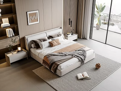 Double Bed With Modern Nightstands Table Lamps Decorative Painting And Floor To Ceiling Windows 3d model