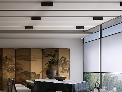 Traditional Japanese Tea House Interior With Landscape Painting Screen Potted Plant And Large Window 3d model