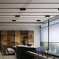 Traditional Japanese Tea House Interior With Landscape Painting Screen Potted Plant And Large Window