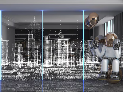 Modern Background Wall With City Night View Design And Astronaut Sculpture Blue Lighting 3d model
