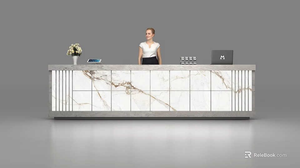 Modern Reception Desk Interior With Marble Countertop Flower Vase Tablet And Laptop 3d model 