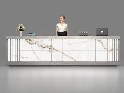 Modern Reception Desk Interior With Marble Countertop Flower Vase Tablet And Laptop 3d model