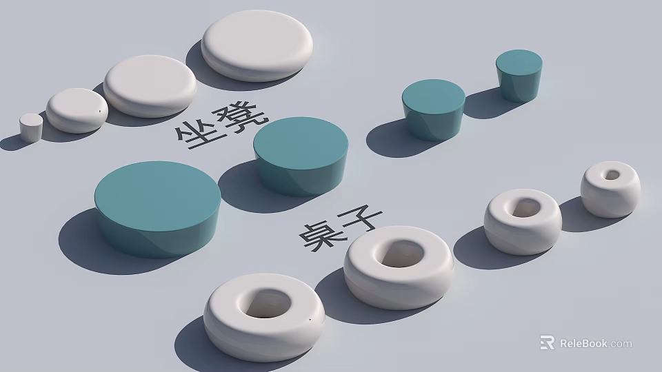 Round Modern Stools And Tables Featuring Hollow Center In White Turquoise Tones 3d model 