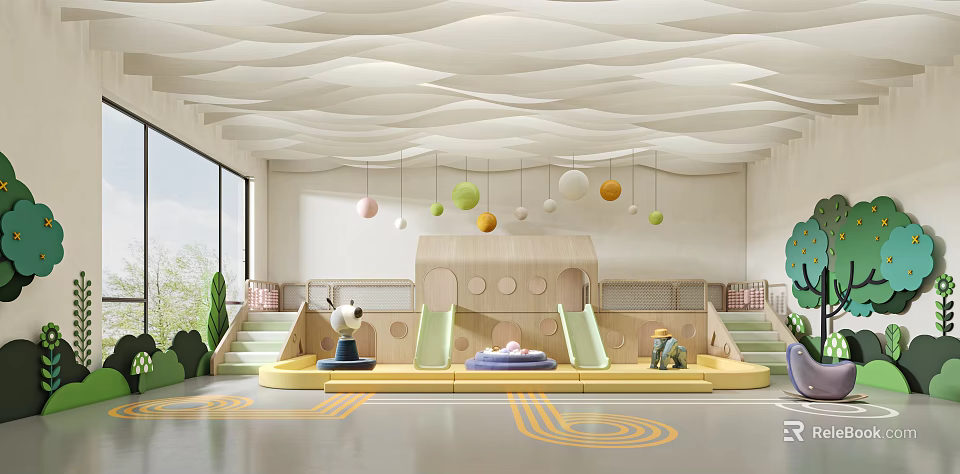 Kindergarten Indoor Activity Area With Wavy Ceiling Hanging Colorful Balls Slide And Green Plant Decorations 3d model 