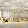 Kindergarten Indoor Activity Area With Wavy Ceiling Hanging Colorful Balls Slide And Green Plant Decorations