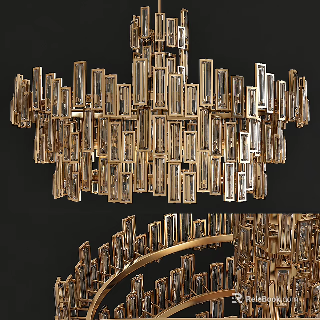 Golden Modern Chandelier with Long Rectangular Crystal Pendants and Elegant Luxurious Design Elements 3d model 