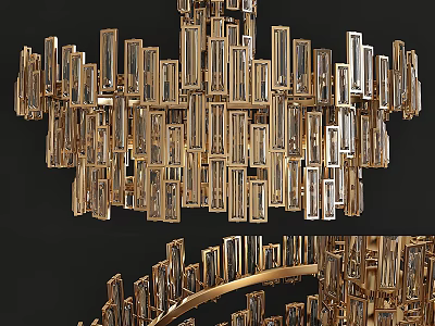 Golden Modern Chandelier with Long Rectangular Crystal Pendants and Elegant Luxurious Design Elements 3d model