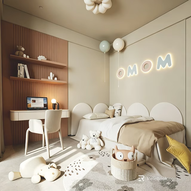 Kids Room Interior with Curved Headboard Stuffed Toys Neon Letters Balloons Desk and Shelves 3d model 