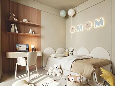Kids Room Interior with Curved Headboard Stuffed Toys Neon Letters Balloons Desk and Shelves 3d model