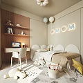 Kids Room Interior with Curved Headboard Stuffed Toys Neon Letters Balloons Desk and Shelves