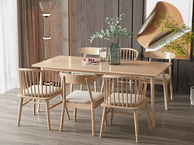 Wooden Dining Table And Chairs Set With Vase Green Plants And Wooden Wall Decor 3d model