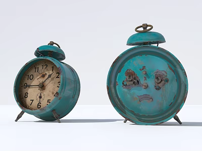 Vintage Teal Alarm Clocks With Worn Surfaces And Classic Bell Tops 3d model